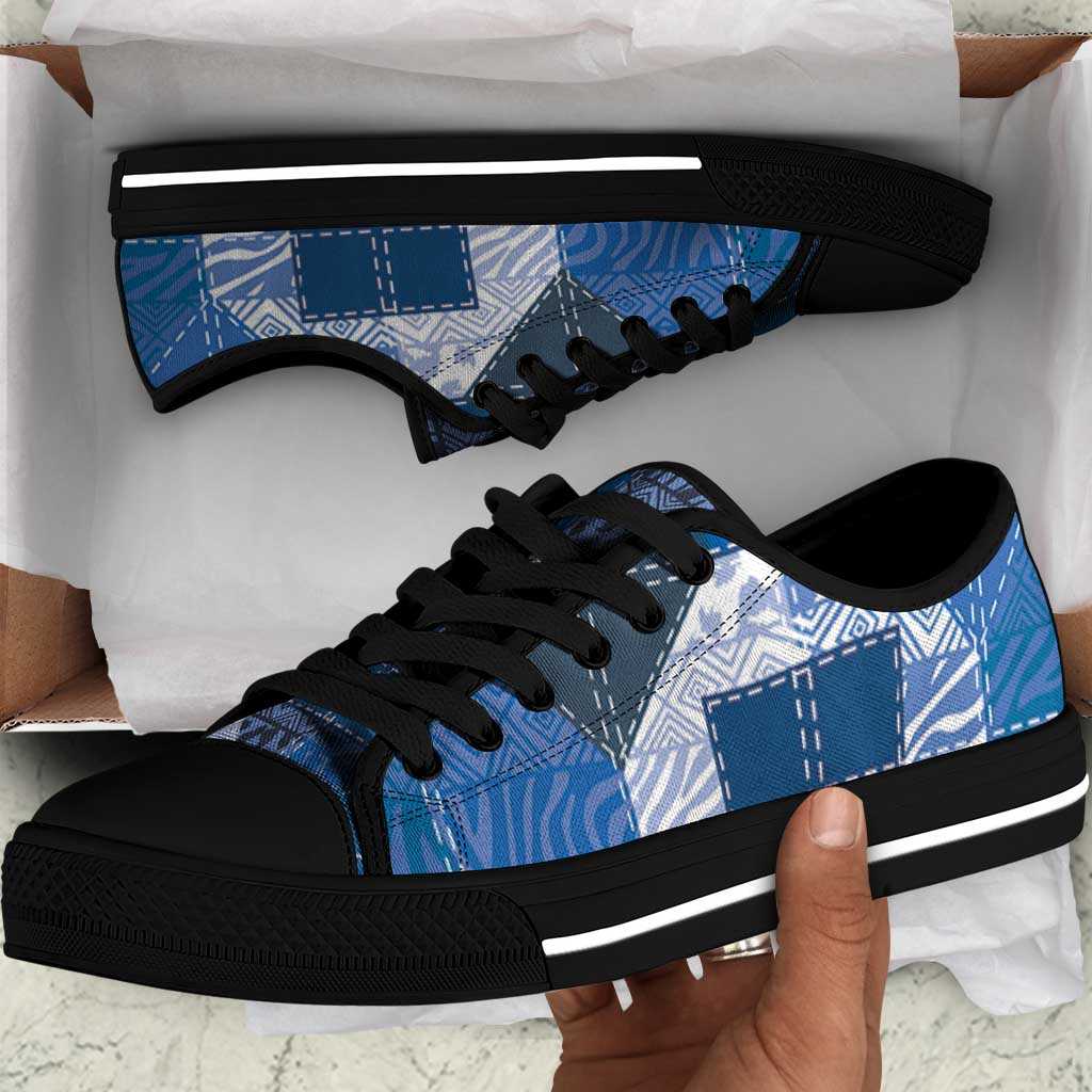 African American Quilt Inspired Low Top Shoes Wild Animal Skin African Blue Tribal Elements