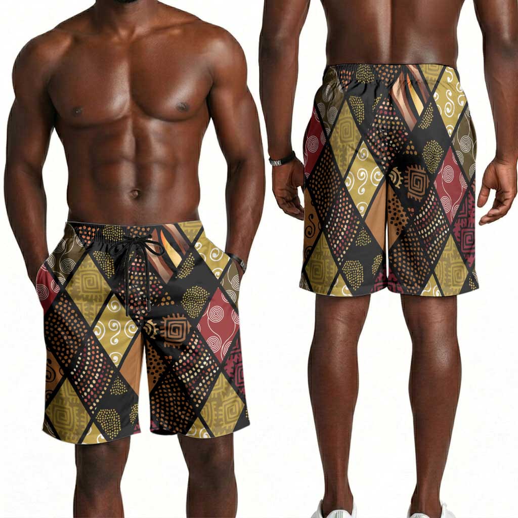 African American Quilt Inspired Shorts for Men Ethnic Bohemian Rhombus Patchwork