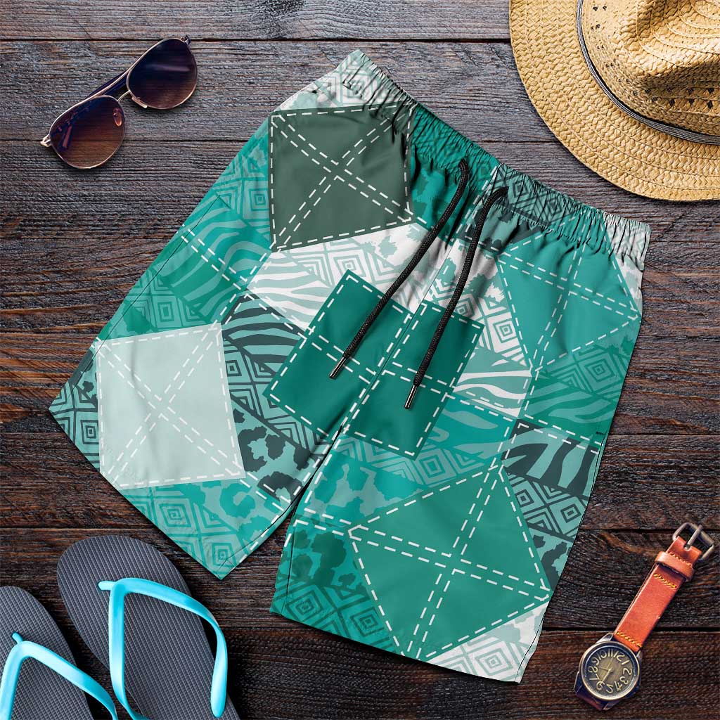African American Quilt Inspired Shorts for Men Wild Animal Skin African Turquoise Tribal Elements