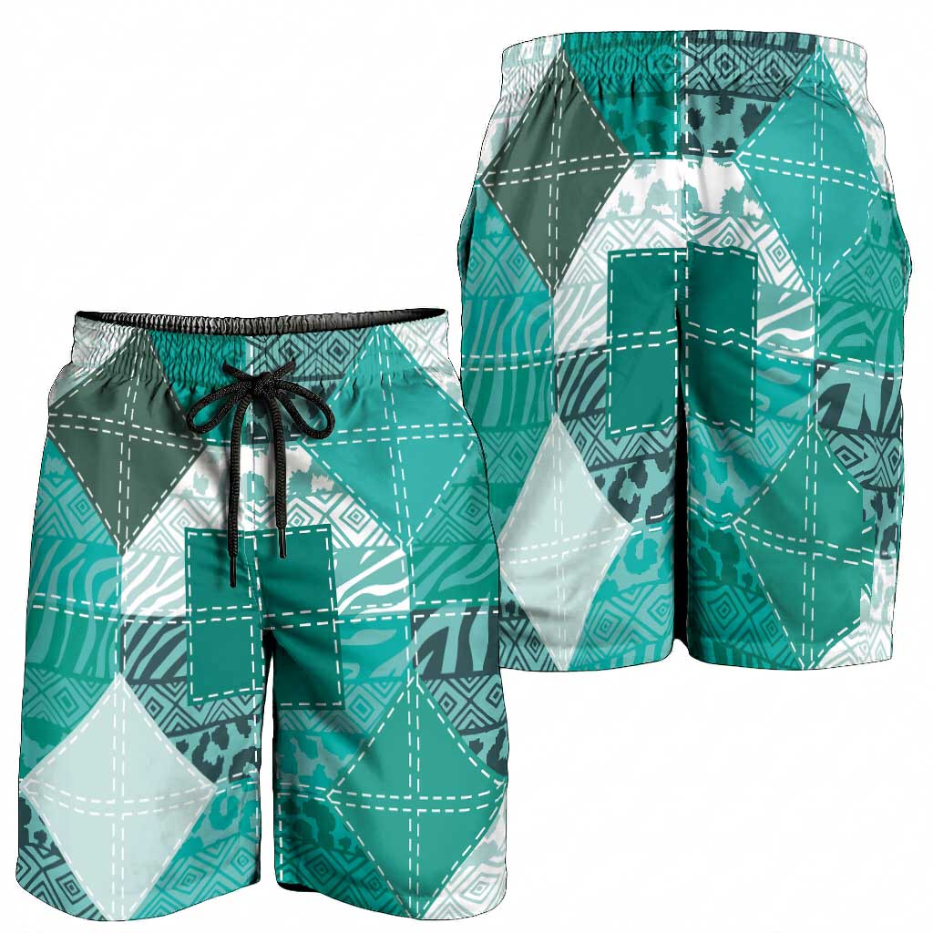 African American Quilt Inspired Shorts for Men Wild Animal Skin African Turquoise Tribal Elements
