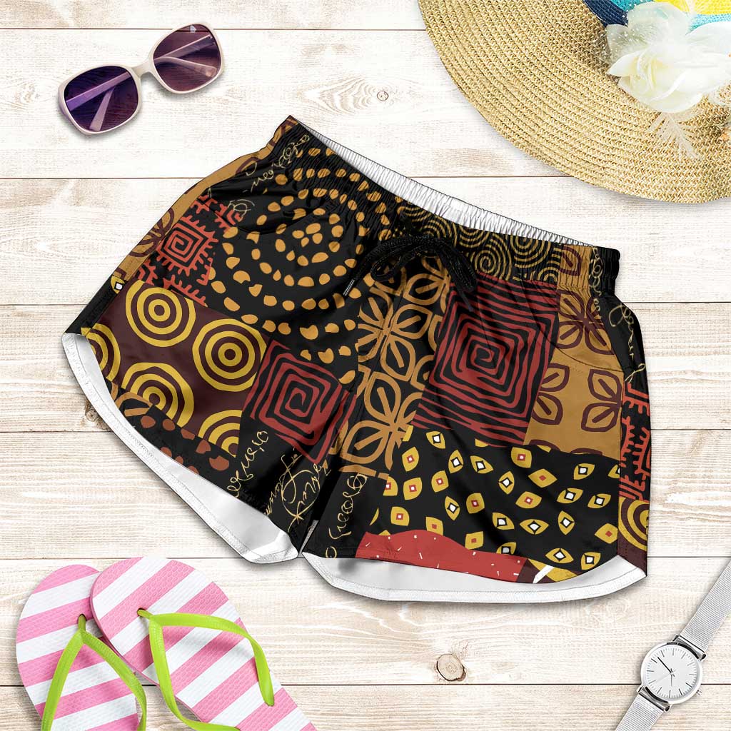 African American Quilt Inspired Shorts for Women Earth Tone African Patchwork Motif