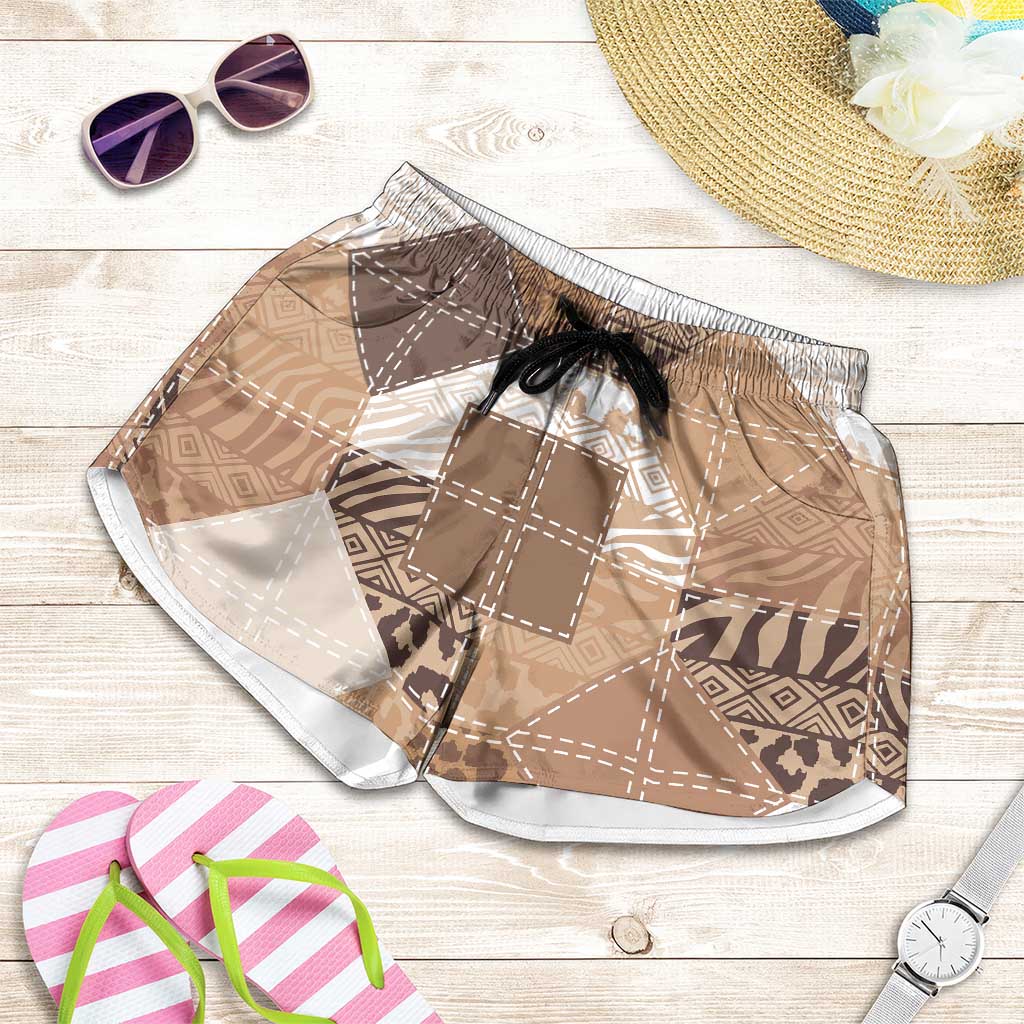 African American Quilt Inspired Shorts for Women Wild Animal Skin African Beige Tribal Elements