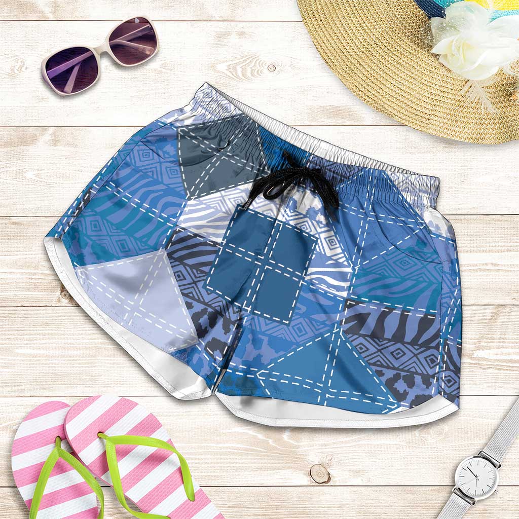 African American Quilt Inspired Shorts for Women Wild Animal Skin African Blue Tribal Elements