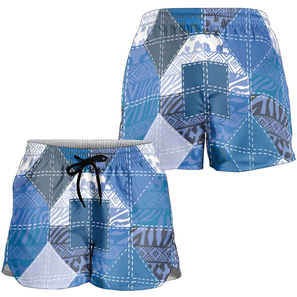 African American Quilt Inspired Shorts for Women Wild Animal Skin African Blue Tribal Elements