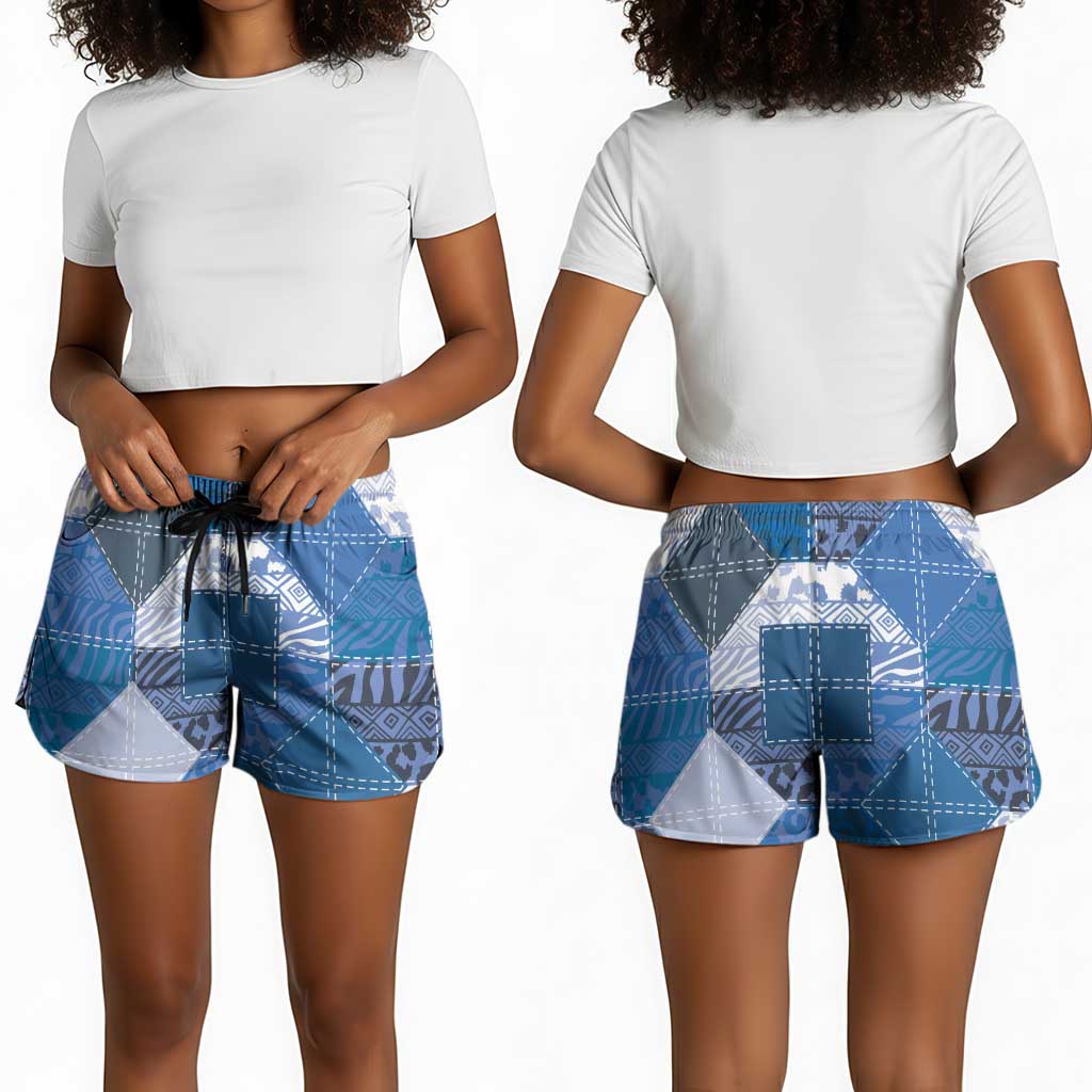 African American Quilt Inspired Shorts for Women Wild Animal Skin African Blue Tribal Elements