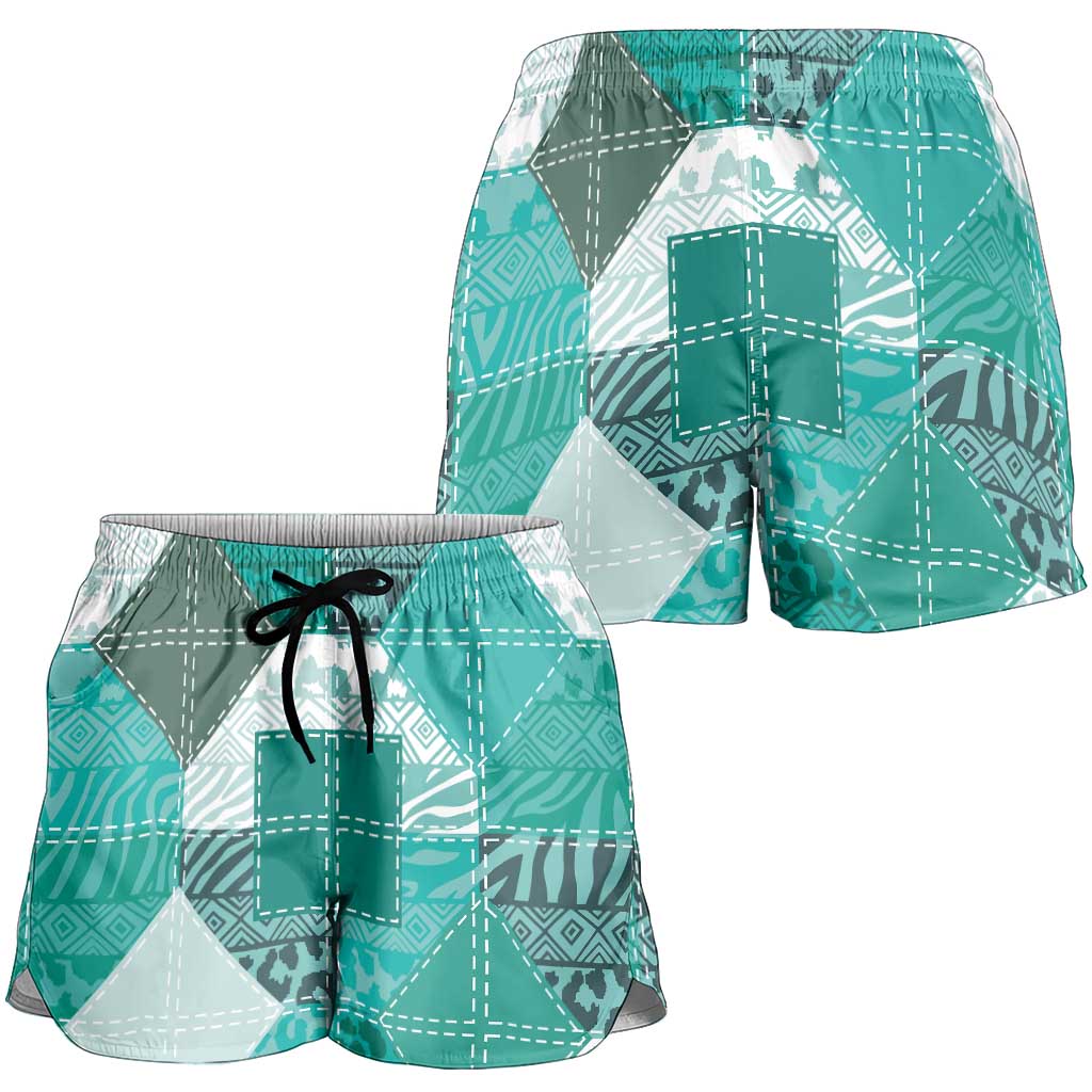 African American Quilt Inspired Shorts for Women Wild Animal Skin African Turquoise Tribal Elements