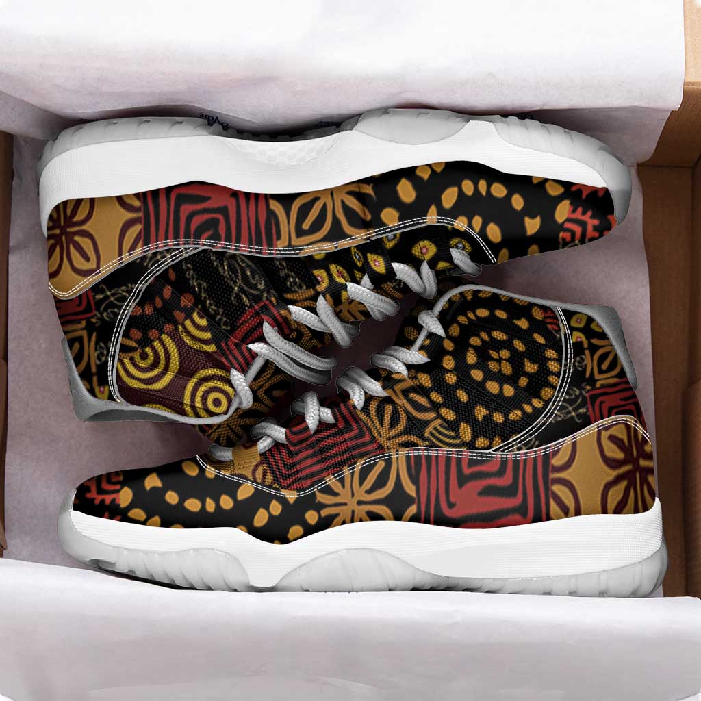 African American Quilt Inspired Sneakers J11 Earth Tone African Patchwork Motif