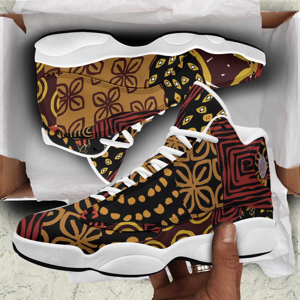 African American Quilt Inspired Sneakers J13 Earth Tone African Patchwork Motif