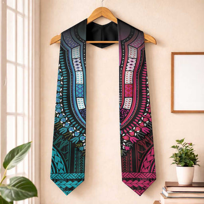 African Dashiki and Polynesian Pattern Graduation Stole Half Teal-Pink