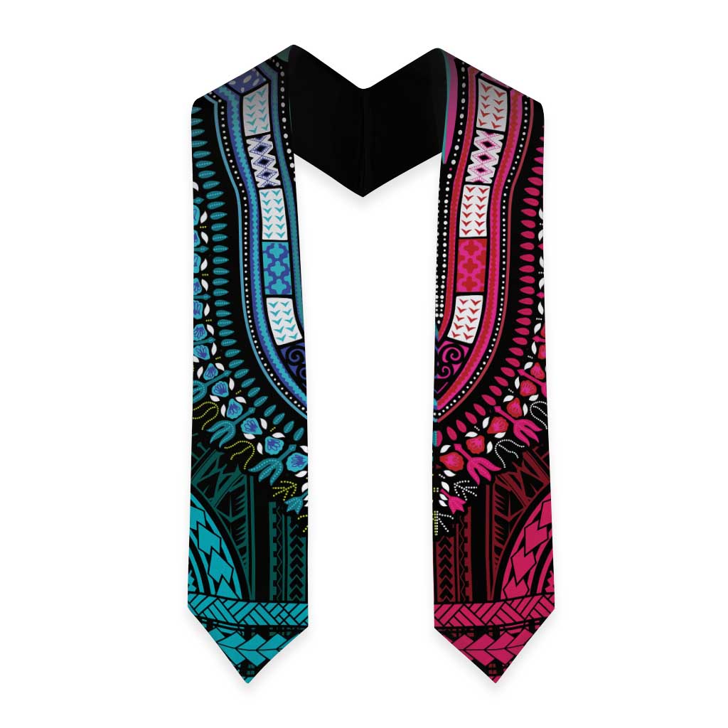African Dashiki and Polynesian Pattern Graduation Stole Half Teal-Pink