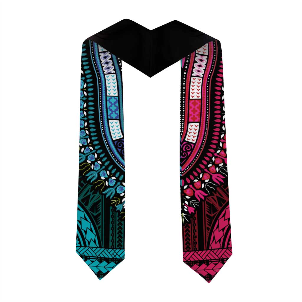 African Dashiki and Polynesian Pattern Graduation Stole Half Teal-Pink