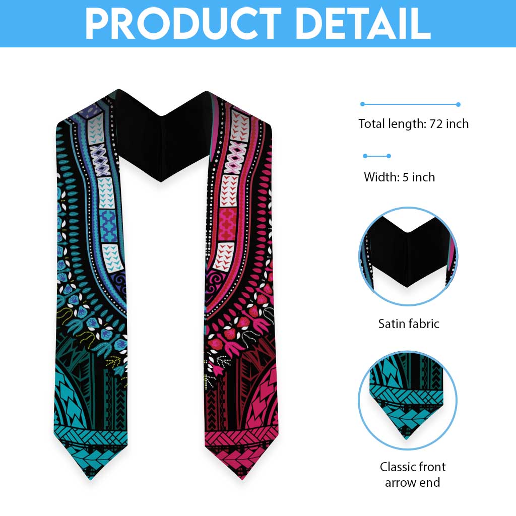 African Dashiki and Polynesian Pattern Graduation Stole Half Teal-Pink