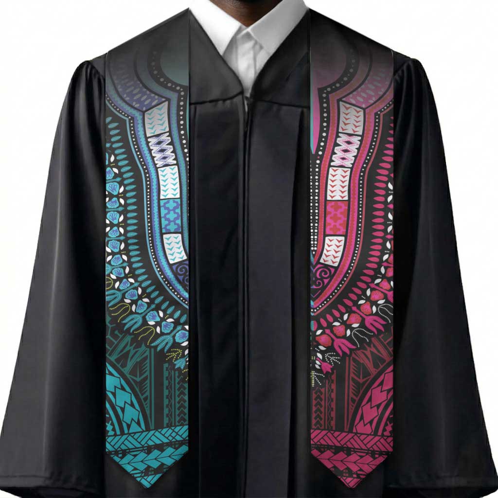 African Dashiki and Polynesian Pattern Graduation Stole Half Teal-Pink