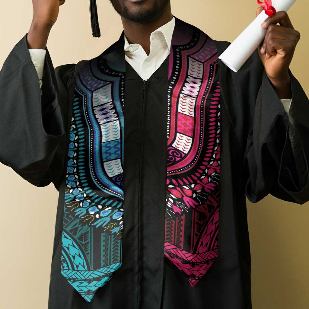 African Dashiki and Polynesian Pattern Graduation Stole Half Teal-Pink