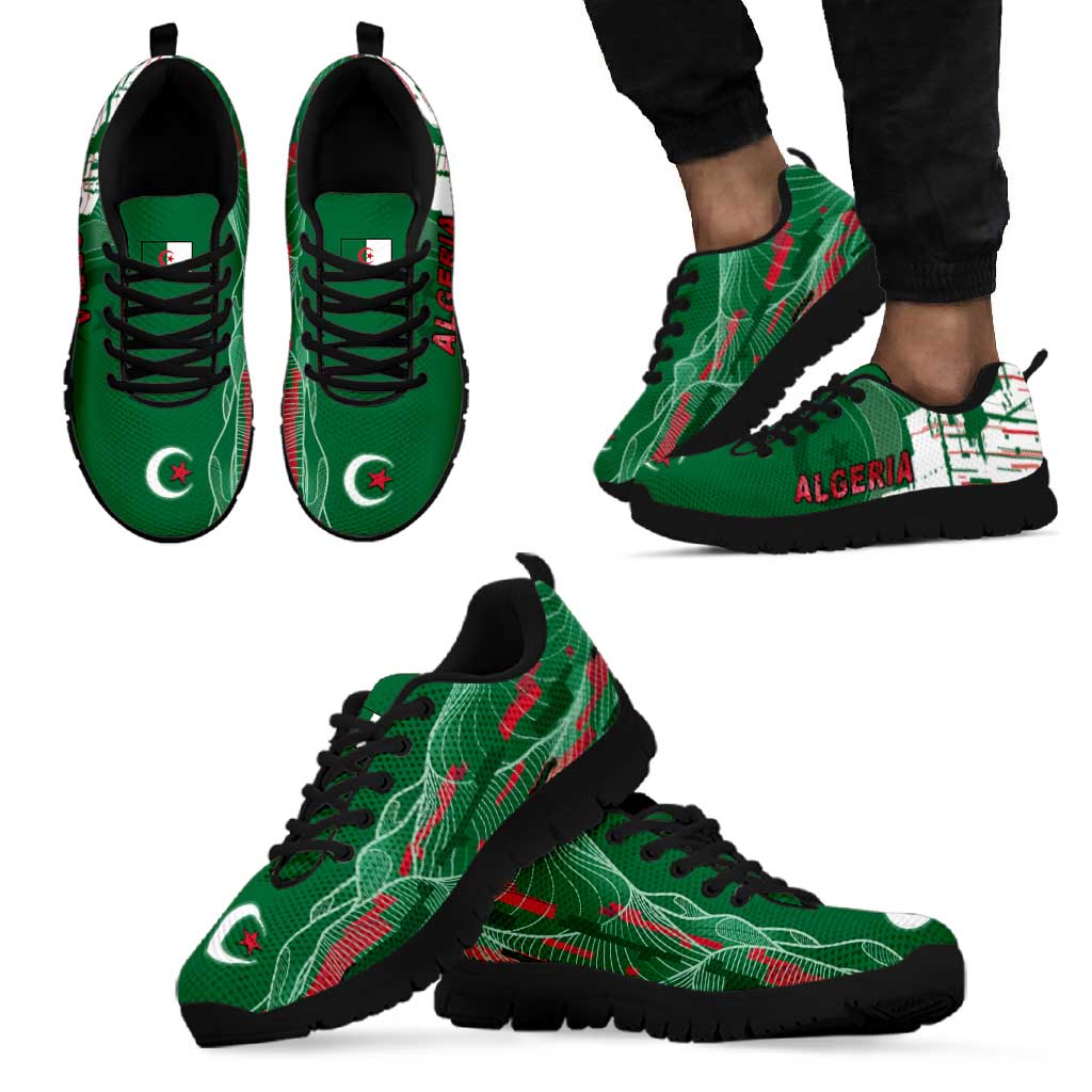 Algeria Football Sneakers Glitch Effect Desert Lines And Star Crescent