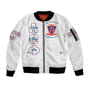 Alpha Omega Phi Custom Sleeve Zip Bomber Jacket Classic White Greek Fraternity