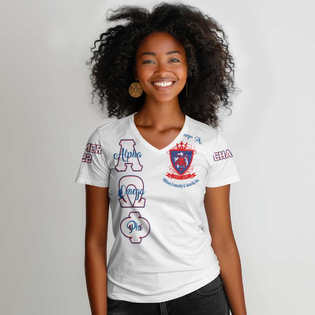 Alpha Omega Phi Custom Women V-Neck T-Shirt Classic White Greek Fraternity