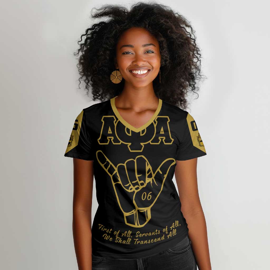 Lpha Phi Alpha Fraternity Women V-Neck T-Shirt Reat Sphinx Design & Hand Sign