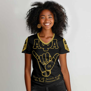 Lpha Phi Alpha Fraternity Women V-Neck T-Shirt Reat Sphinx Design & Hand Sign