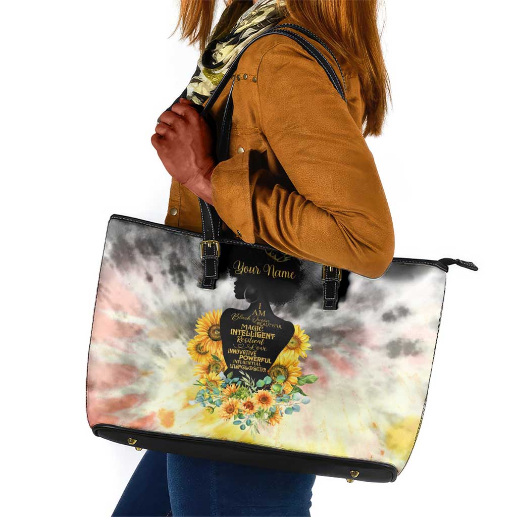 Vintage Flowers - I Am Black Queen Leather Tote Bag