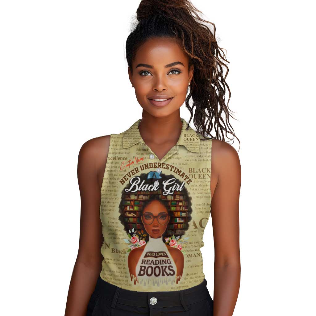 Personalized Black Girl African Women Sleeveless Polo Shirt Never Underestimate A Book Lover