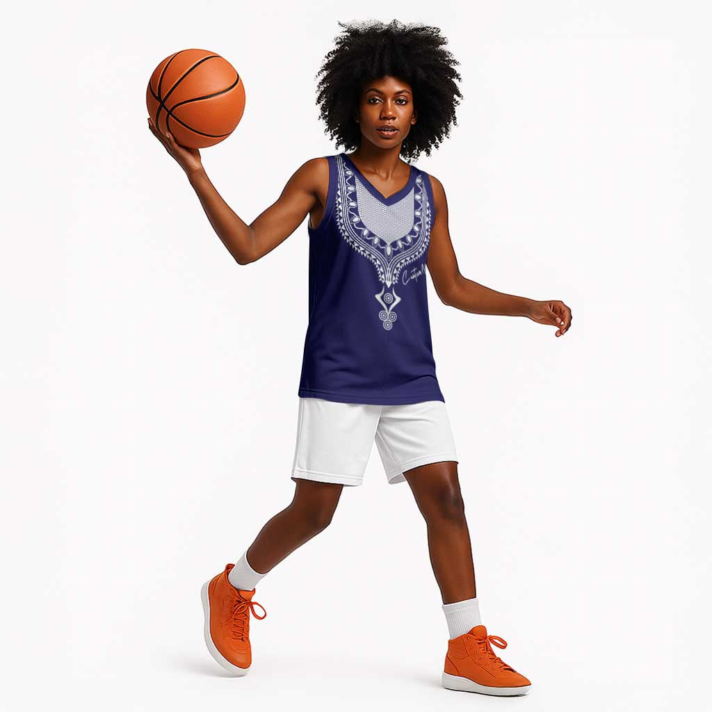 Printed Dashiki African Basketball Jersey Blue DT02