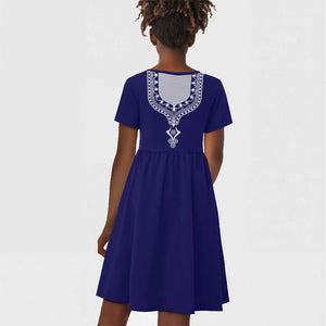 Printed Dashiki African Kid Short Sleeve Dress Blue