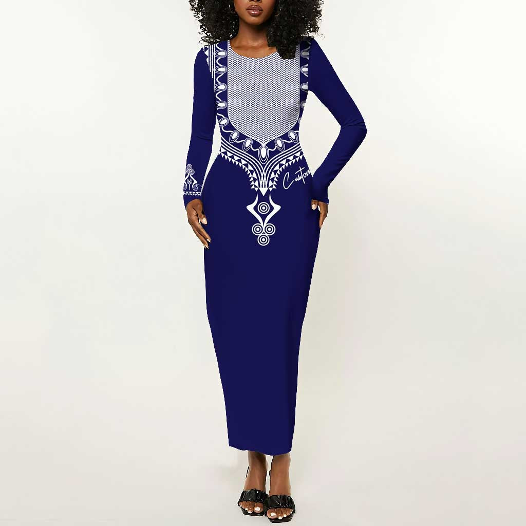 Printed Dashiki African Long Sleeve Bodycon Dress Blue