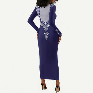 Printed Dashiki African Long Sleeve Bodycon Dress Blue