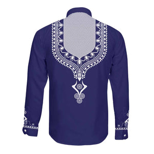 Printed Dashiki African Long Sleeve Button Shirt Blue