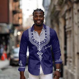 Printed Dashiki African Long Sleeve Button Shirt Blue