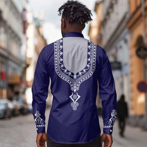 Printed Dashiki African Long Sleeve Button Shirt Blue