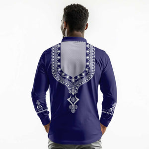 Printed Dashiki African Long Sleeve Polo Shirt Blue