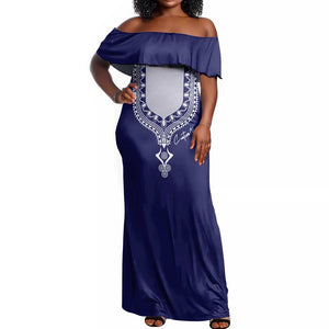 Printed Dashiki African Off Shoulder Maxi Dress Blue