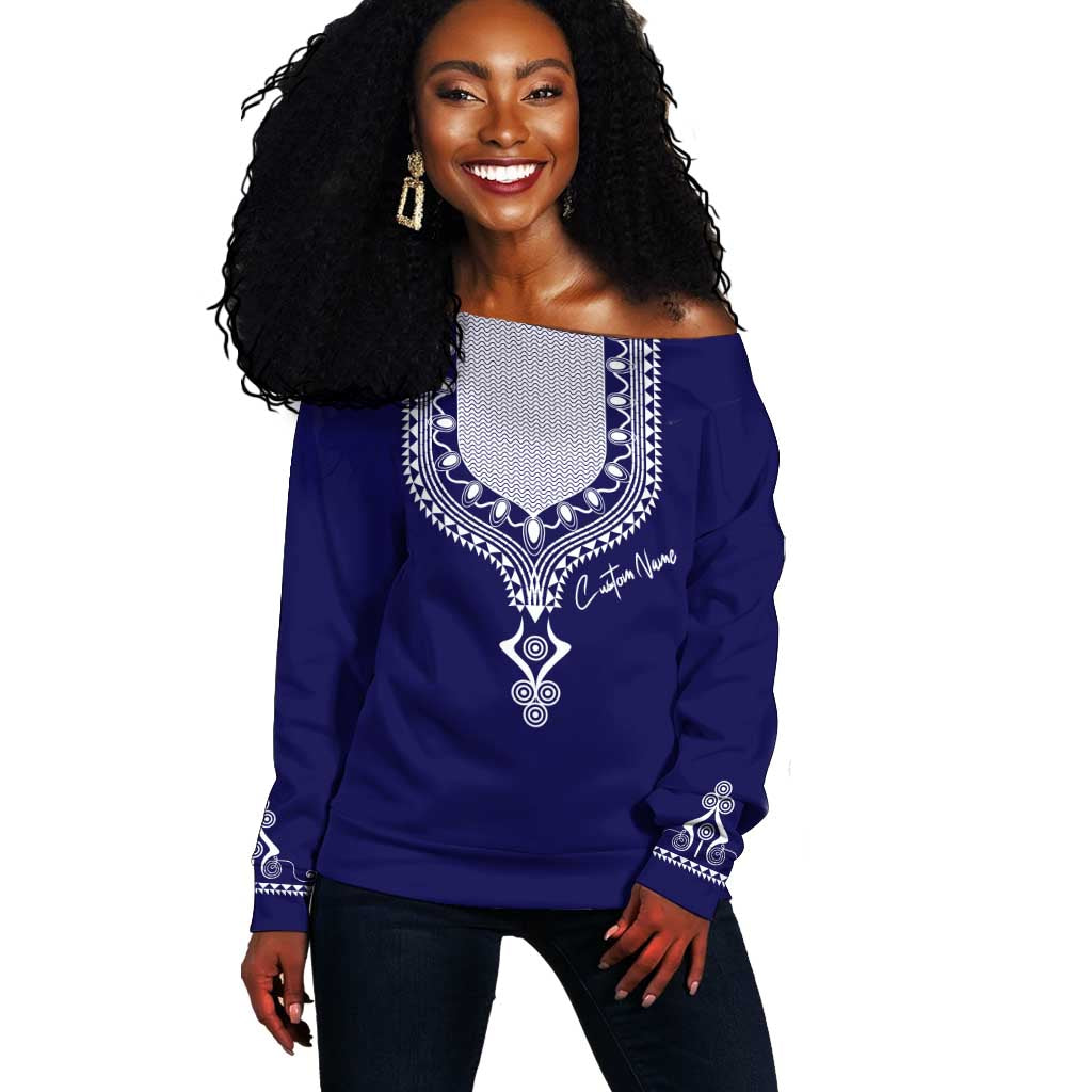 Printed Dashiki African Off Shoulder Sweater Blue