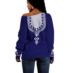 Printed Dashiki African Off Shoulder Sweater Blue