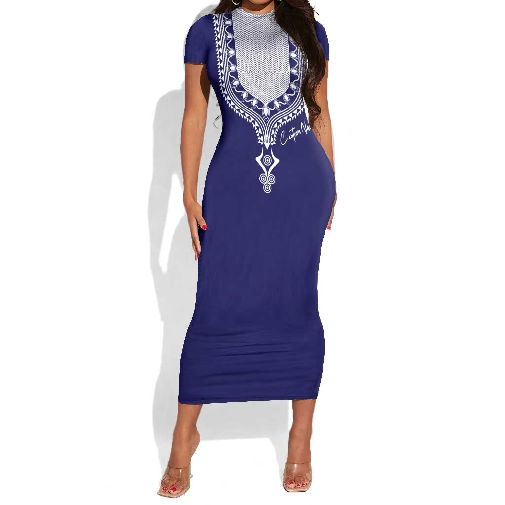 Printed Dashiki African Short Sleeve Bodycon Dress Blue