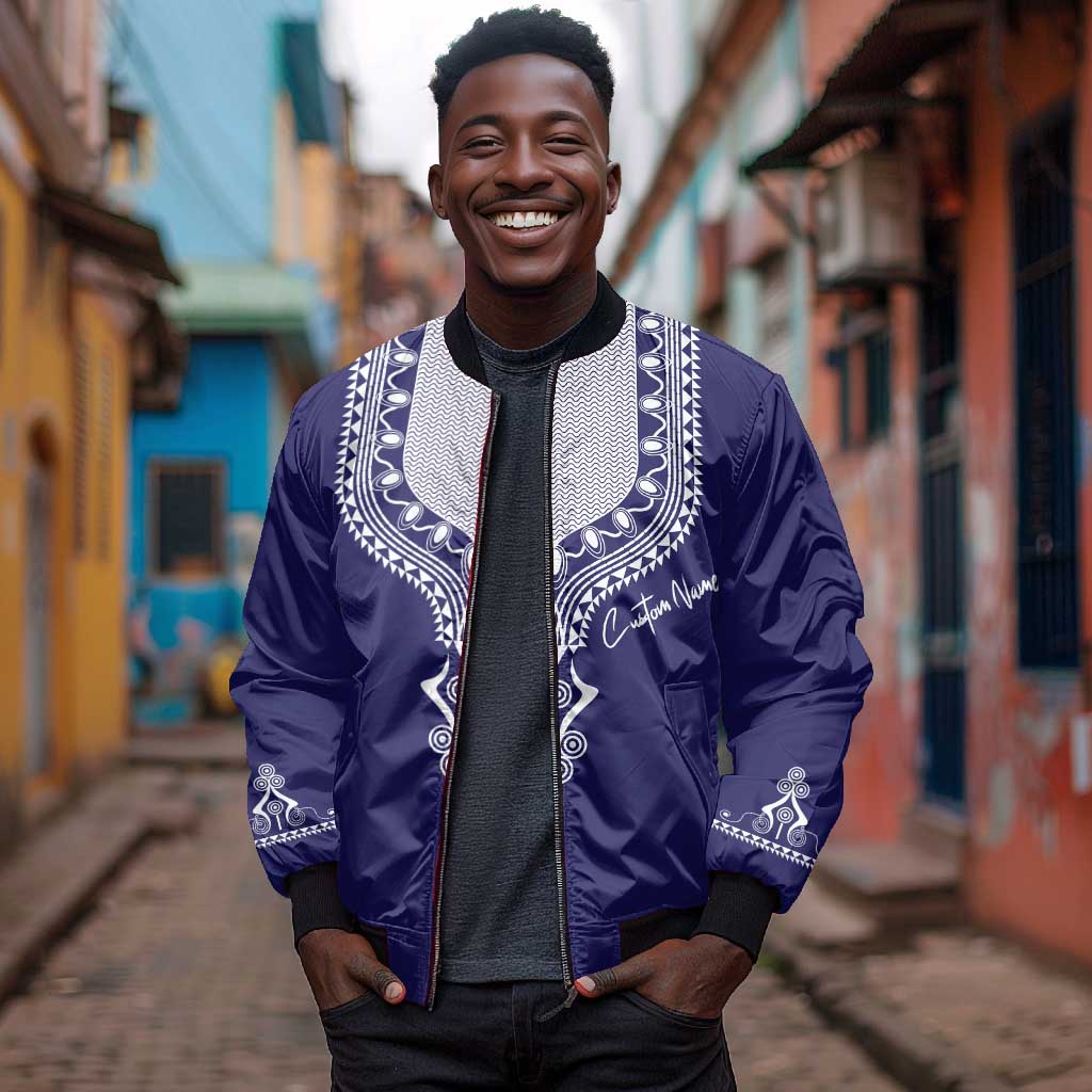 Printed Dashiki African Sleeve Zip Bomber Jacket Blue