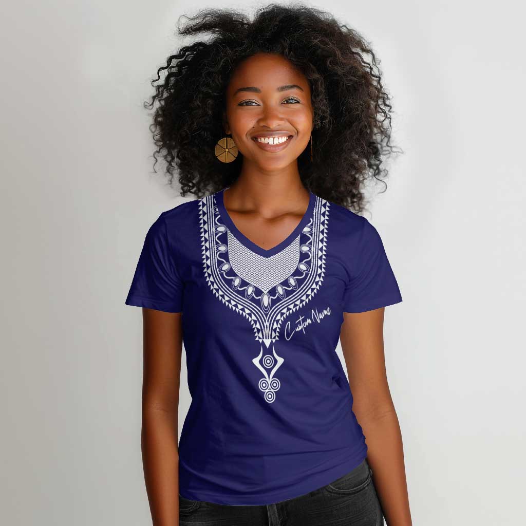 Printed Dashiki African Women V-Neck T-Shirt Blue