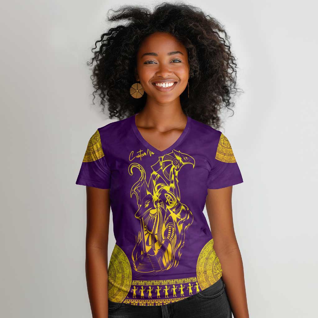 Anubis and Horus Women V-Neck T-Shirt Egyptian God Purple