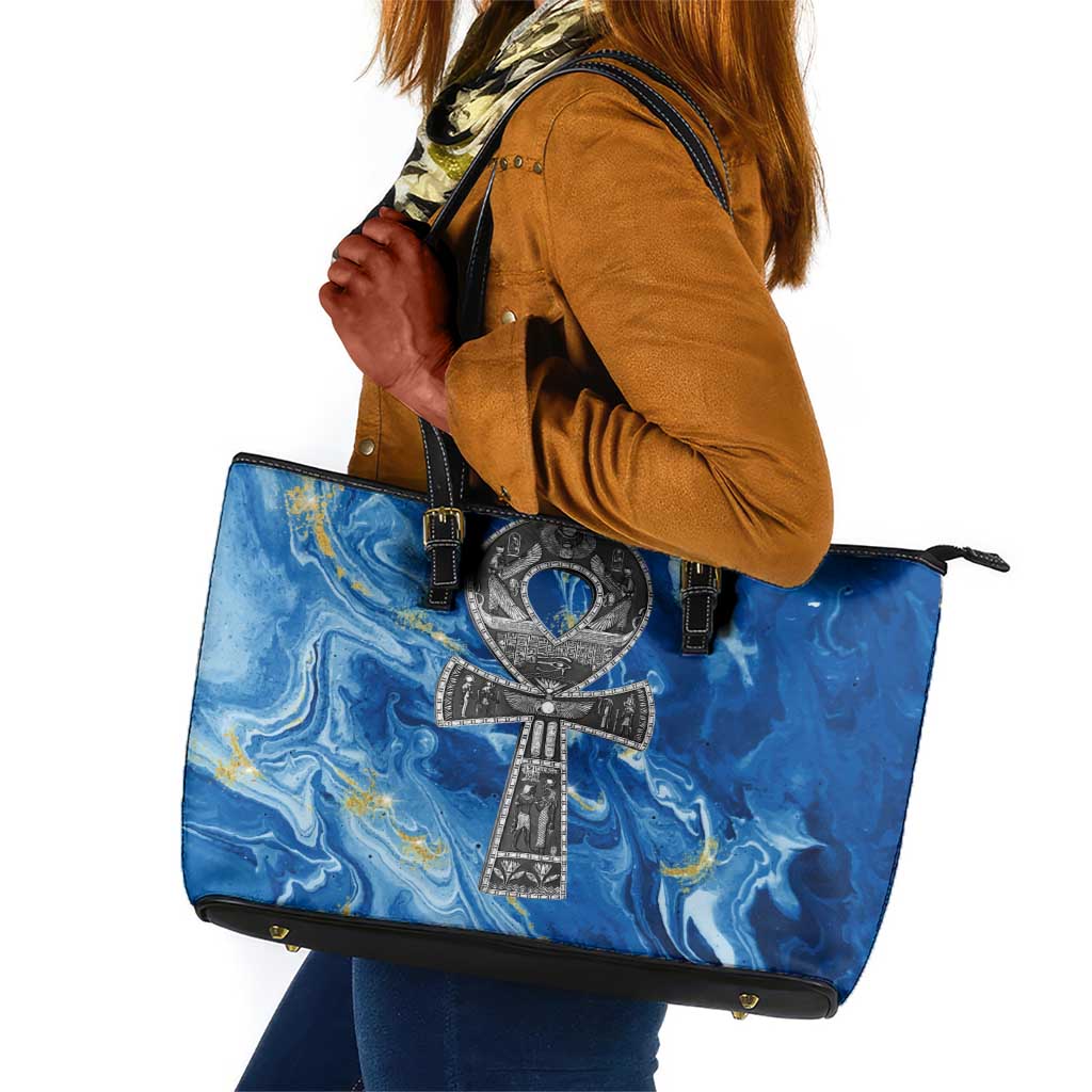 Ankh On Blue Leather Tote Bag Pan African