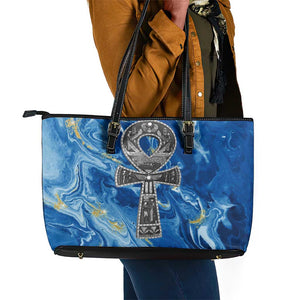 Ankh On Blue Leather Tote Bag Pan African