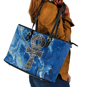 Ankh On Blue Leather Tote Bag Pan African