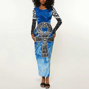 Ankh On Blue Long Sleeve Bodycon Dress Pan African