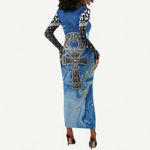 Ankh On Blue Long Sleeve Bodycon Dress Pan African