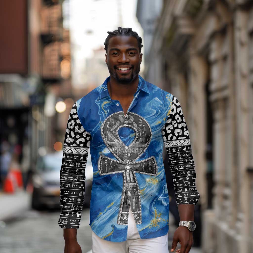 Ankh On Blue Long Sleeve Button Shirt Pan African