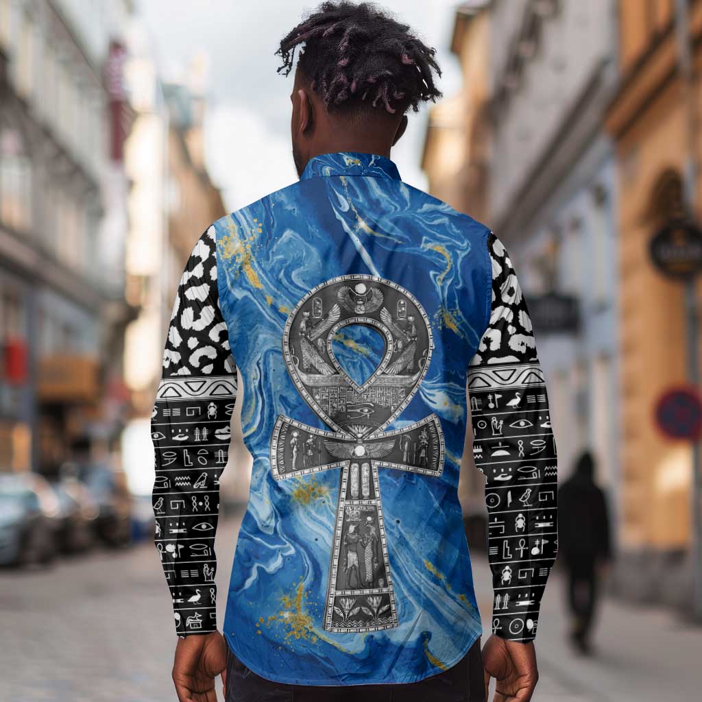 Ankh On Blue Long Sleeve Button Shirt Pan African