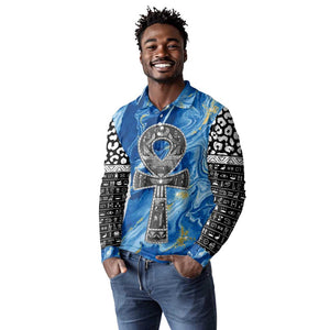 Ankh On Blue Long Sleeve Polo Shirt Pan African