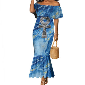 Ankh On Blue Mermaid Dress Pan African