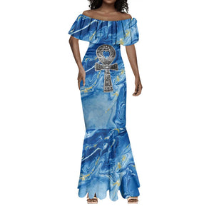 Ankh On Blue Mermaid Dress Pan African